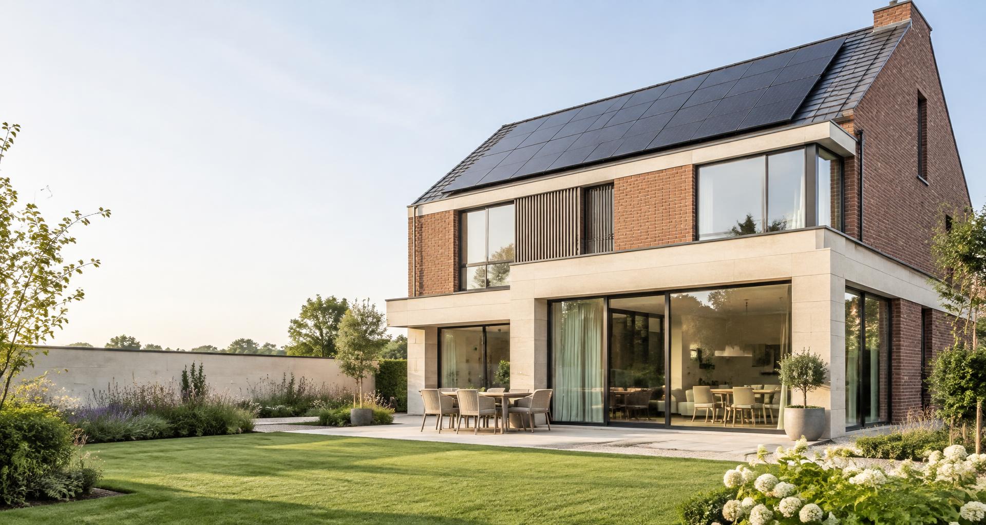 Nederlandse woning met zonnepanelen en een groene tuin